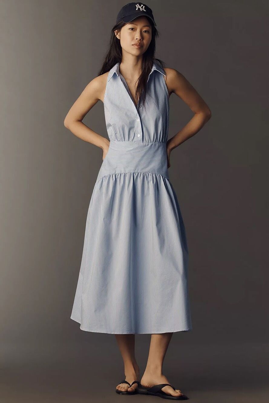 Anthropologie Light Blue Pinstripe Sleeveless Midi Dress